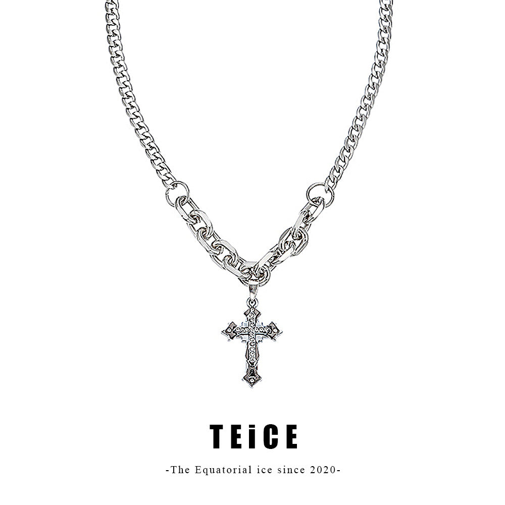 Equator ice cubes teice titanium steel cool with drill cross double chain splicing men and women street vibe couple necklace