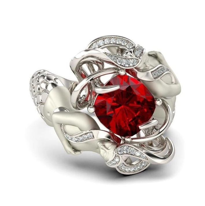 Cushion-Cut Red Natural Ruby Gemstone Ring Luxury 925 Sterling Silver Mermaid Rings for Women Wedding Jewelry
