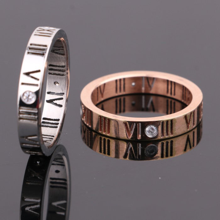 Roman Numerals With Diamond Couple Rings 18K Rose Gold Titanium Steel Rings Lucky Number Rings
