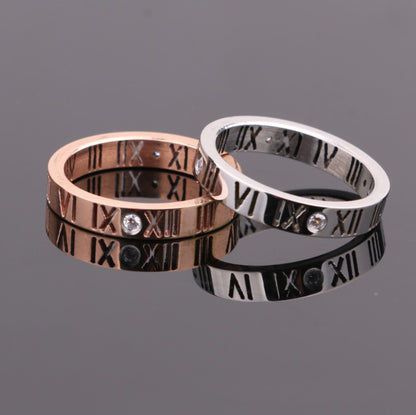 Roman Numerals With Diamond Couple Rings 18K Rose Gold Titanium Steel Rings Lucky Number Rings
