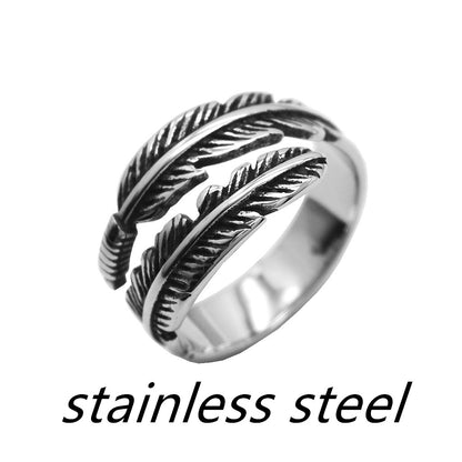 European and American fashion jewelry black retro personality ring female opening feather ring foreign trade wholesale hand jewelry