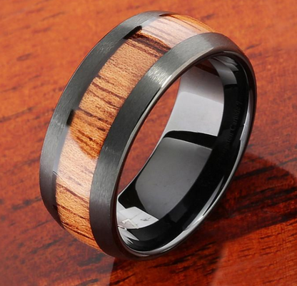 Black Brushed Koa Wood Tungsten Ring