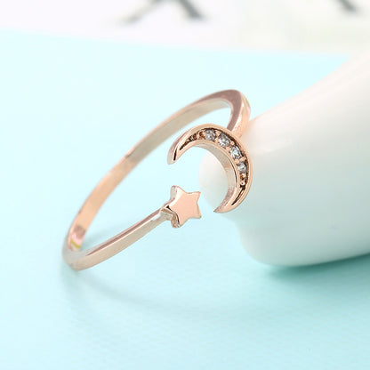 Rose Gold Color Mini Star Cute Moon Open Ring for Women Cubic Zirconia Crystal Bague Jewelry