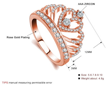 Princess Style Cubic Zirconia Hollow Heart Silver / Rose Gold Color Crown Ring Jewelry Party Engagement Wedding