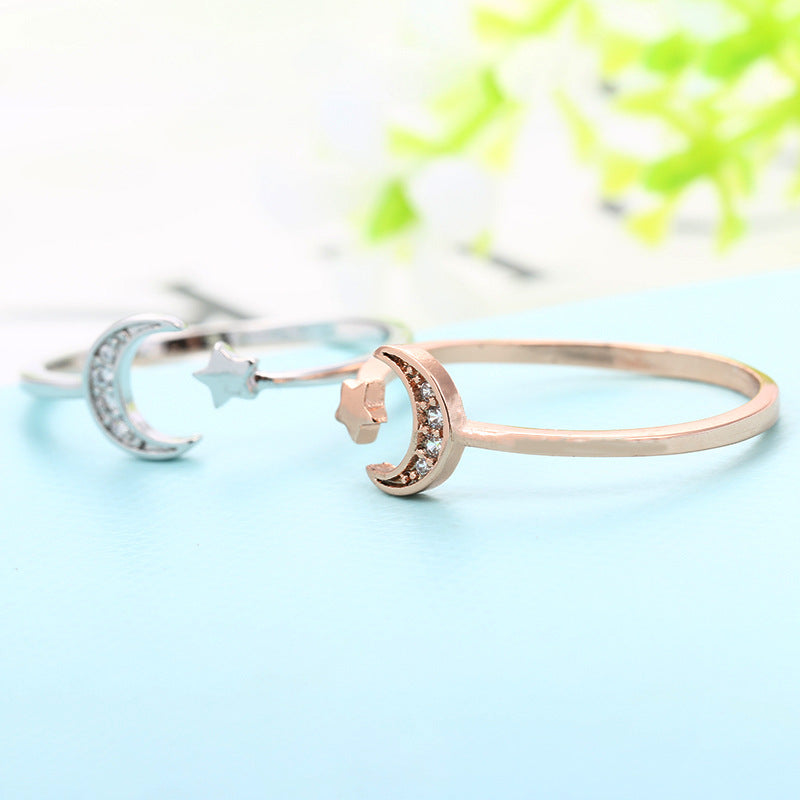 Rose Gold Color Mini Star Cute Moon Open Ring for Women Cubic Zirconia Crystal Bague Jewelry