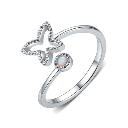 Adjustable Butterfly Open Ring with Opal in 925 Sterling Silver