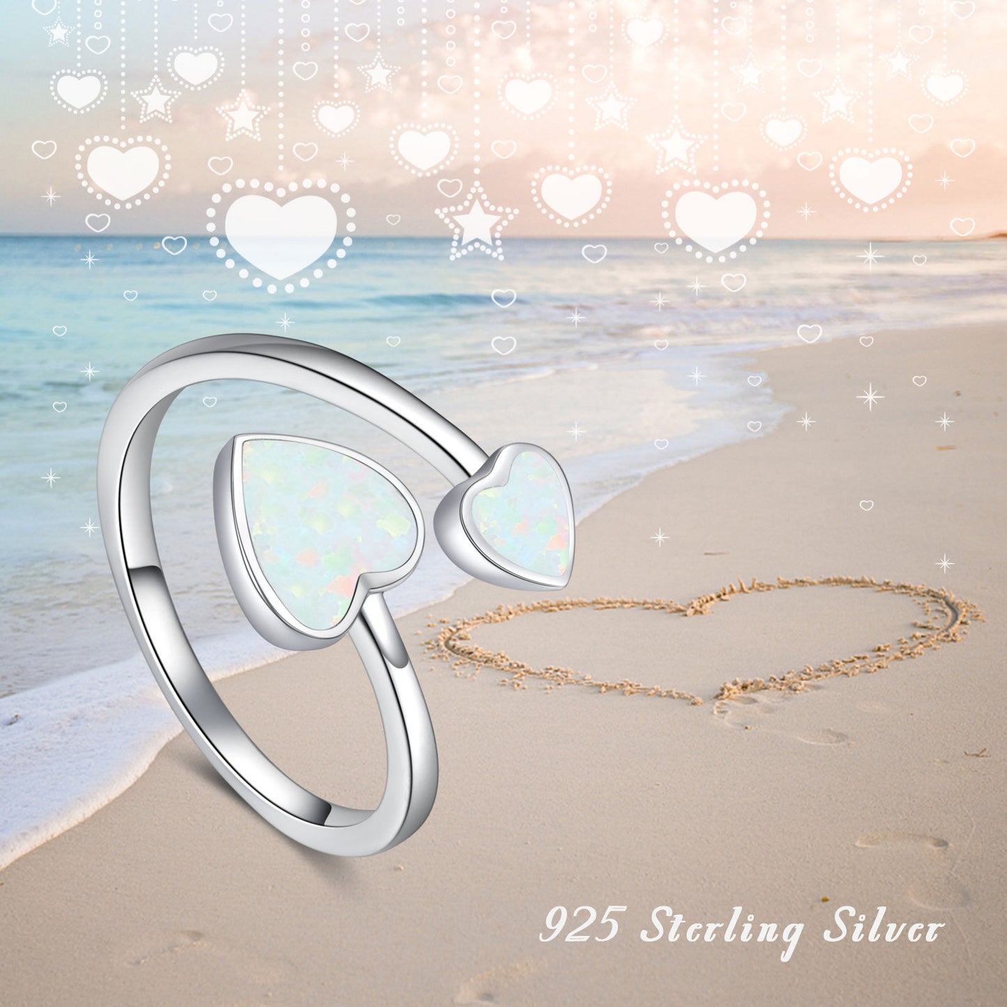 8mm Opal Heart Adjustable Open Ring in 925 Sterling Silver