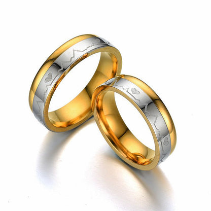 Titanium Steel Ring Between Gold ECG Love Heart Stainless Steel