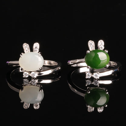 Wholesale Sterling Silver 925 Retro Rabbit Jade Adjustable Women Rings Claw Set Jasper Rings