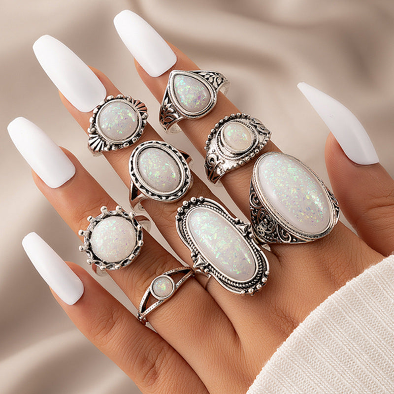 Ethnic style retro inlaid turquoise carved feather ring fashion 8-piece combination ring set