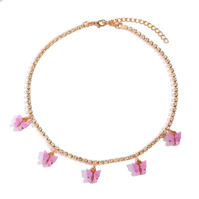Trendy Cute Iced Out Butterfly Choker Necklaces For Women Men Gold Silver Color Tennis Chain Animals Pendant Rhinestone Jewelry