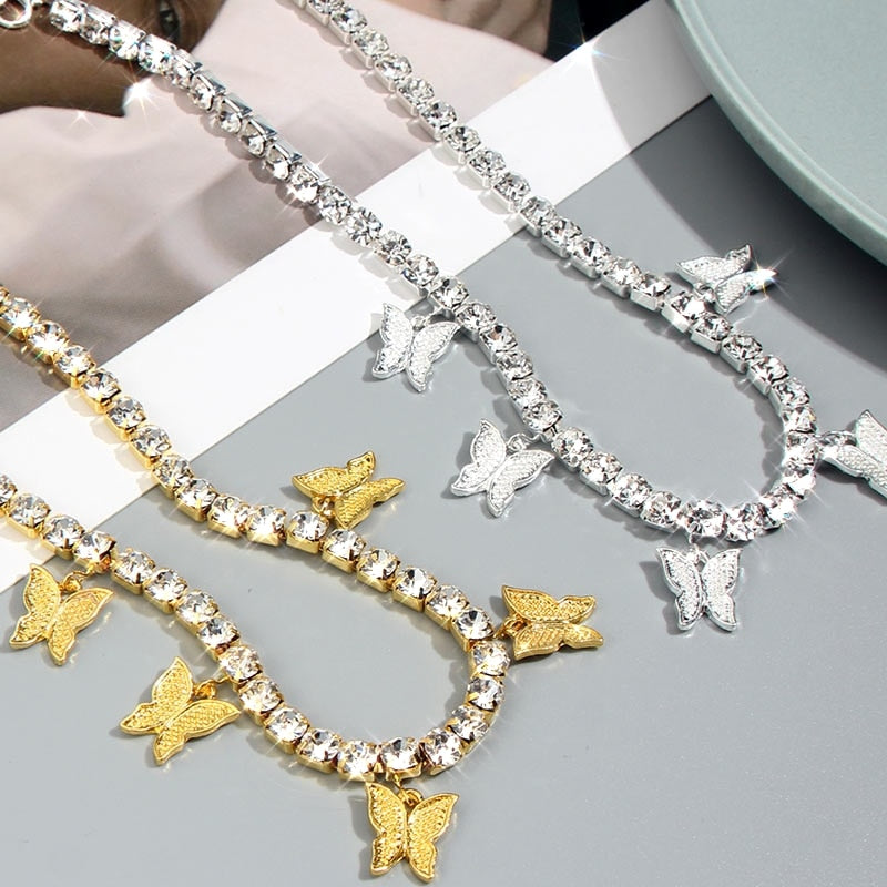 Trendy Cute Iced Out Butterfly Choker Necklaces For Women Men Gold Silver Color Tennis Chain Animals Pendant Rhinestone Jewelry