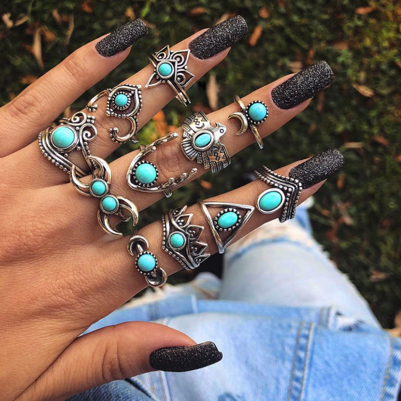 Ethnic style retro inlaid turquoise carved feather ring fashion 8-piece combination ring set