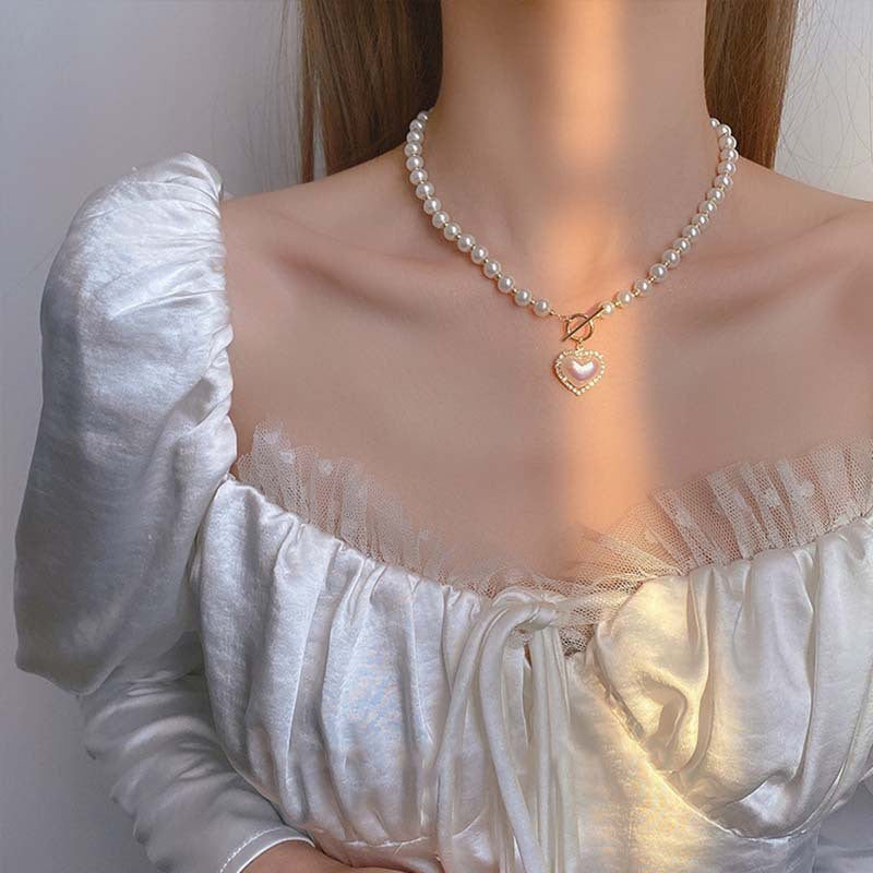 ins new super fairy temperament imitation pearl love necklace cold wind sweet simple OT buckle collarbone chain female