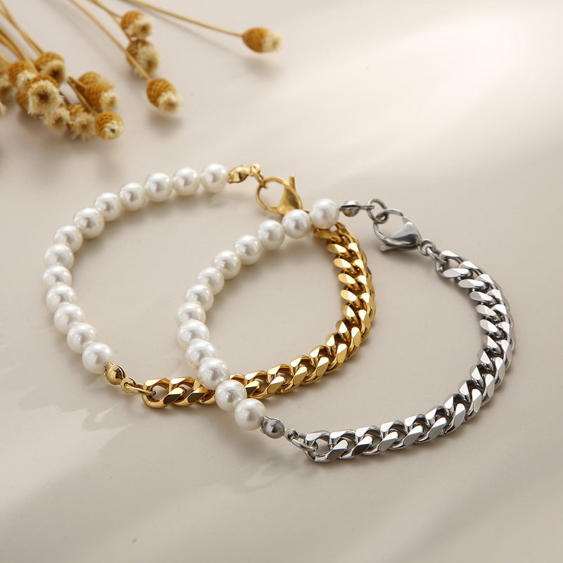 Kalun new splicing pearl necklace collarbone chain bracelet chain women's titanium steel niche design sense two-piece jewelry