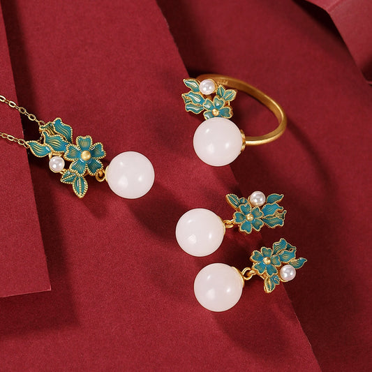 S925 sterling silver plated Jinjingtai blue and Tian Bai Yu Pearl Guo Tide Ball Ball Women's earrings ring pendant
