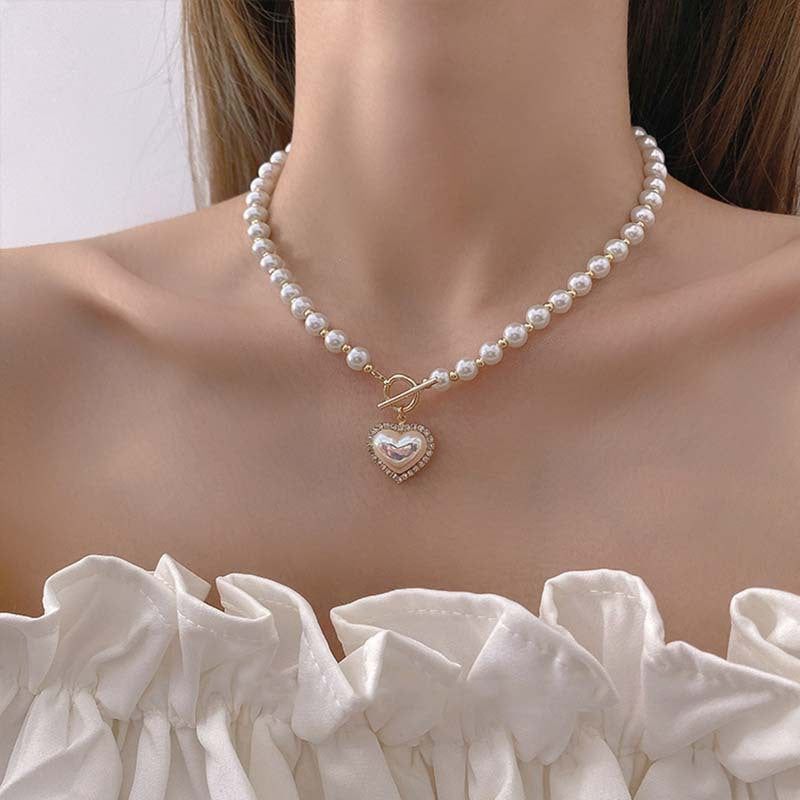 ins new super fairy temperament imitation pearl love necklace cold wind sweet simple OT buckle collarbone chain female