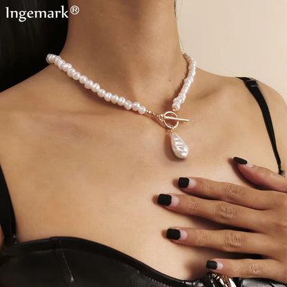 Ingemark Vintage Baroque Pearl Heart OT Buckle Pendant Necklace for Women Wedding Bridal Bead Chain Neck Accessories Jewelry New