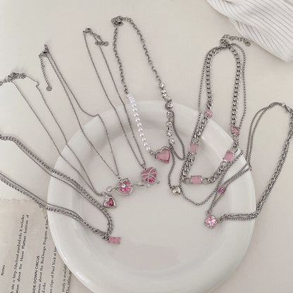 Y2K Pink Crystal Necklace Jewelry