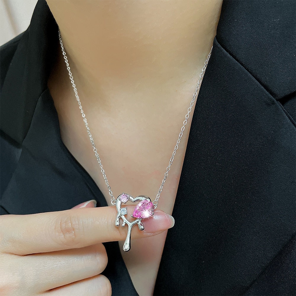 Y2K Pink Crystal Necklace Jewelry