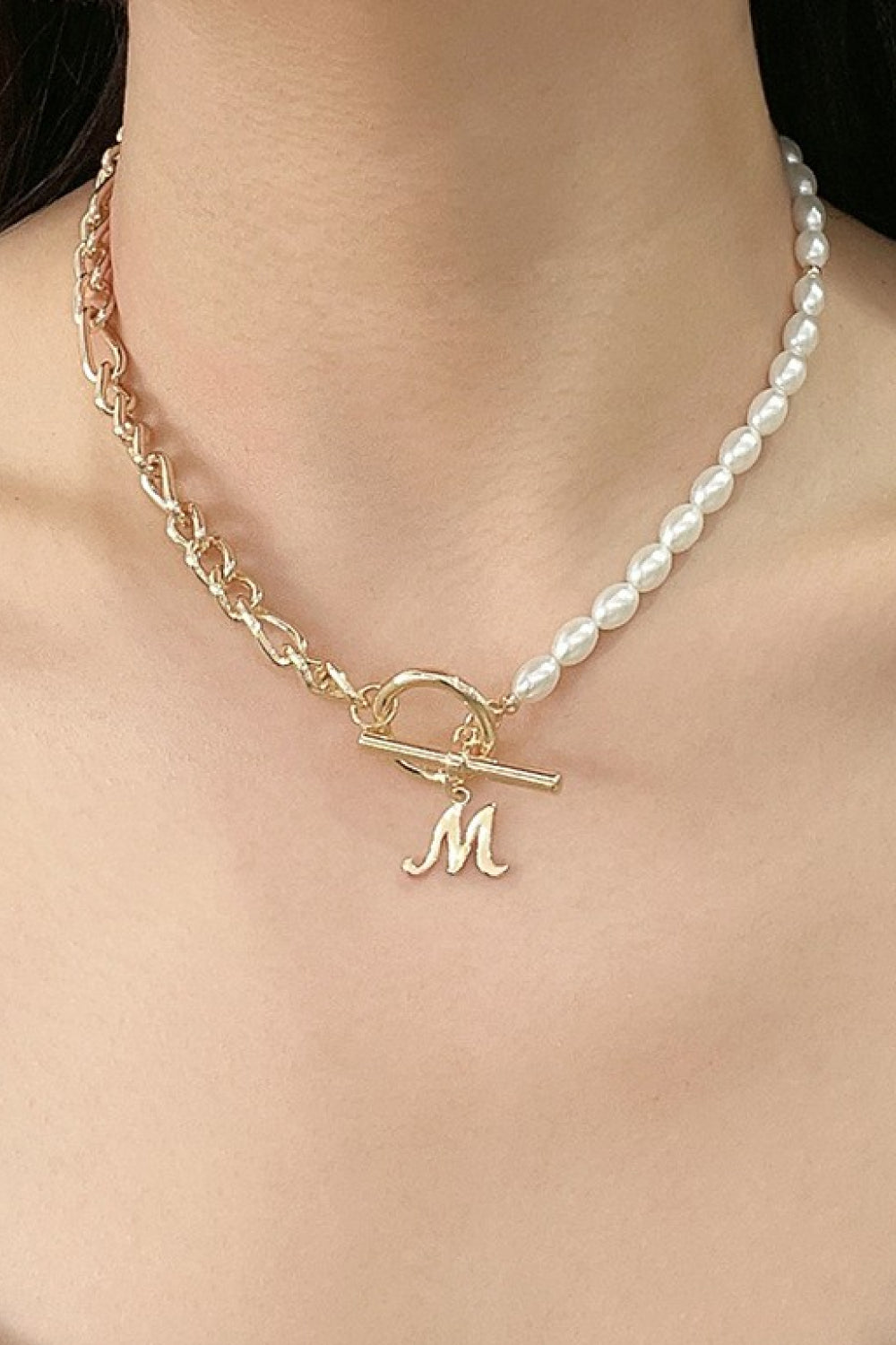 Alphabet M Pendant Half Pearl and Half Chain Necklace