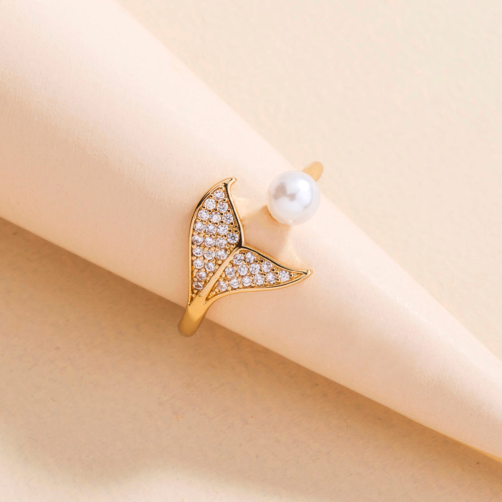 Pearl Tail Zircon Ring Little Mermaid Tail Opening Pearl Ring Lady
